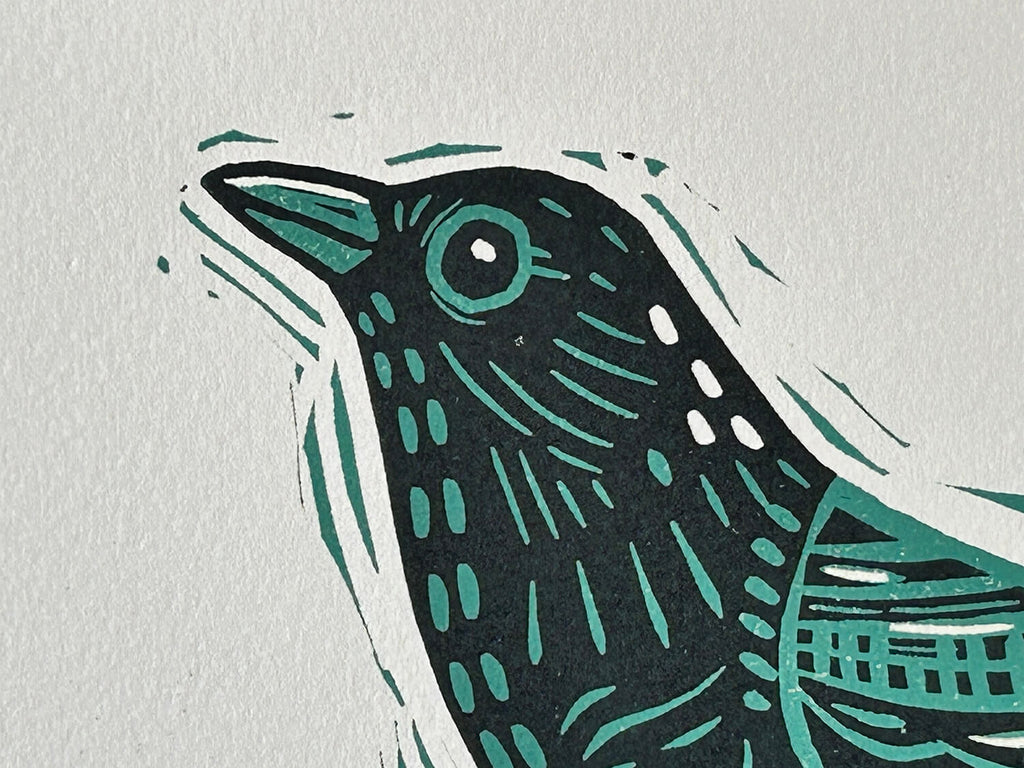 Illustration of a bird with teal and black details on a light gray background