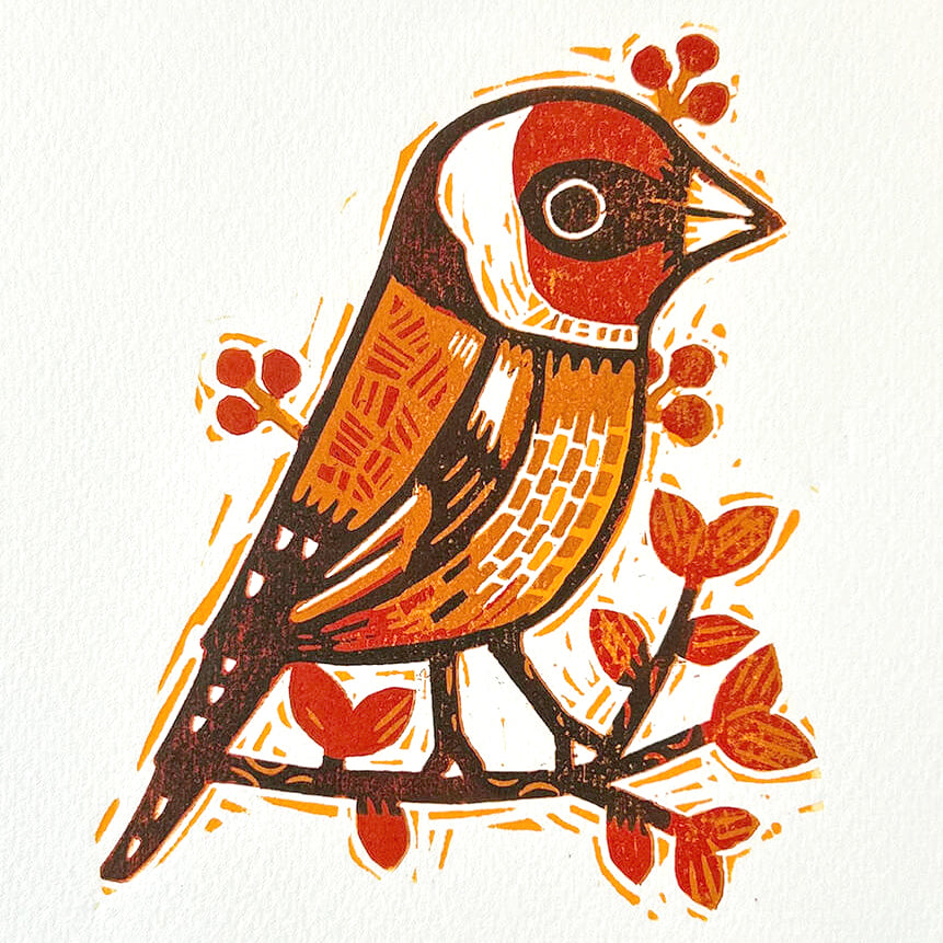 Goldfinch on a branch, hand-carved woodcut print with vibrant detail and natural wood grain character