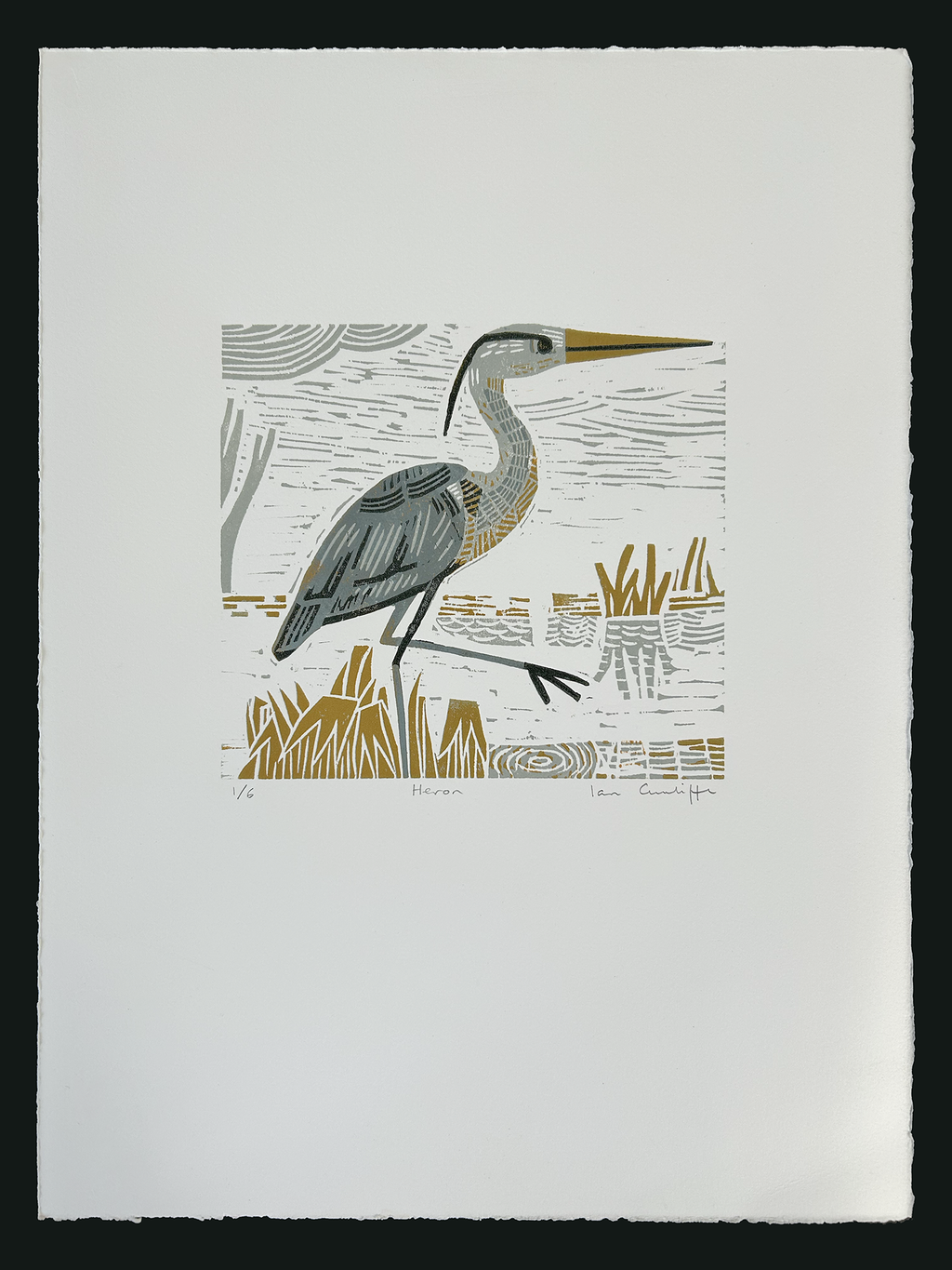 Elegant heron standing in shallow water, hand-carved woodcut print with bold lines and natural wood grain texture
