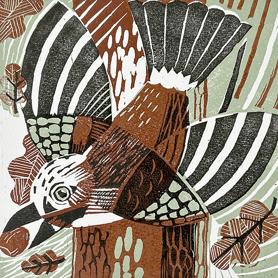 Jay with acorn in flight, hand-carved three-block linocut print with bold colours and dynamic movement