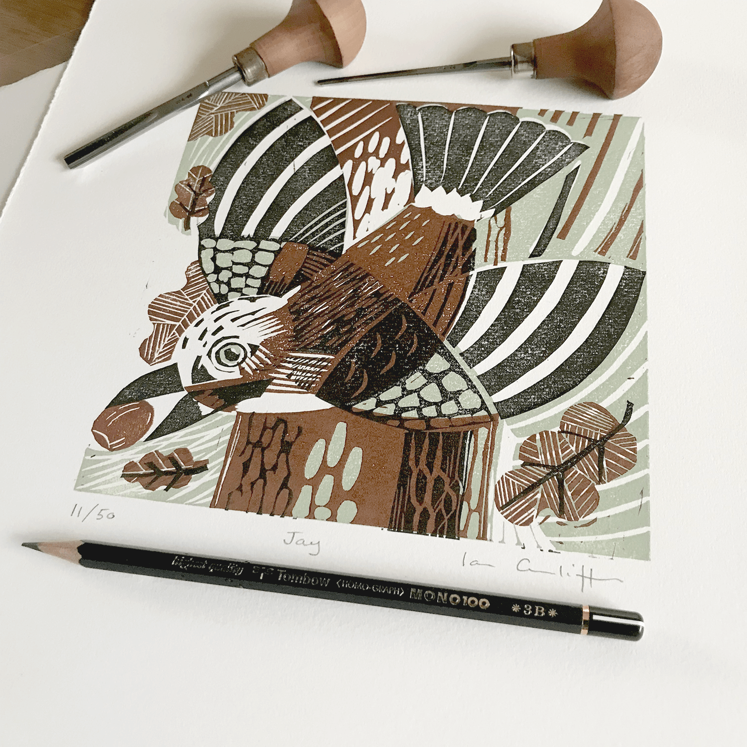 British wildlife print bird art with pfeil cutting tools and Tombow Mono 100 pencil