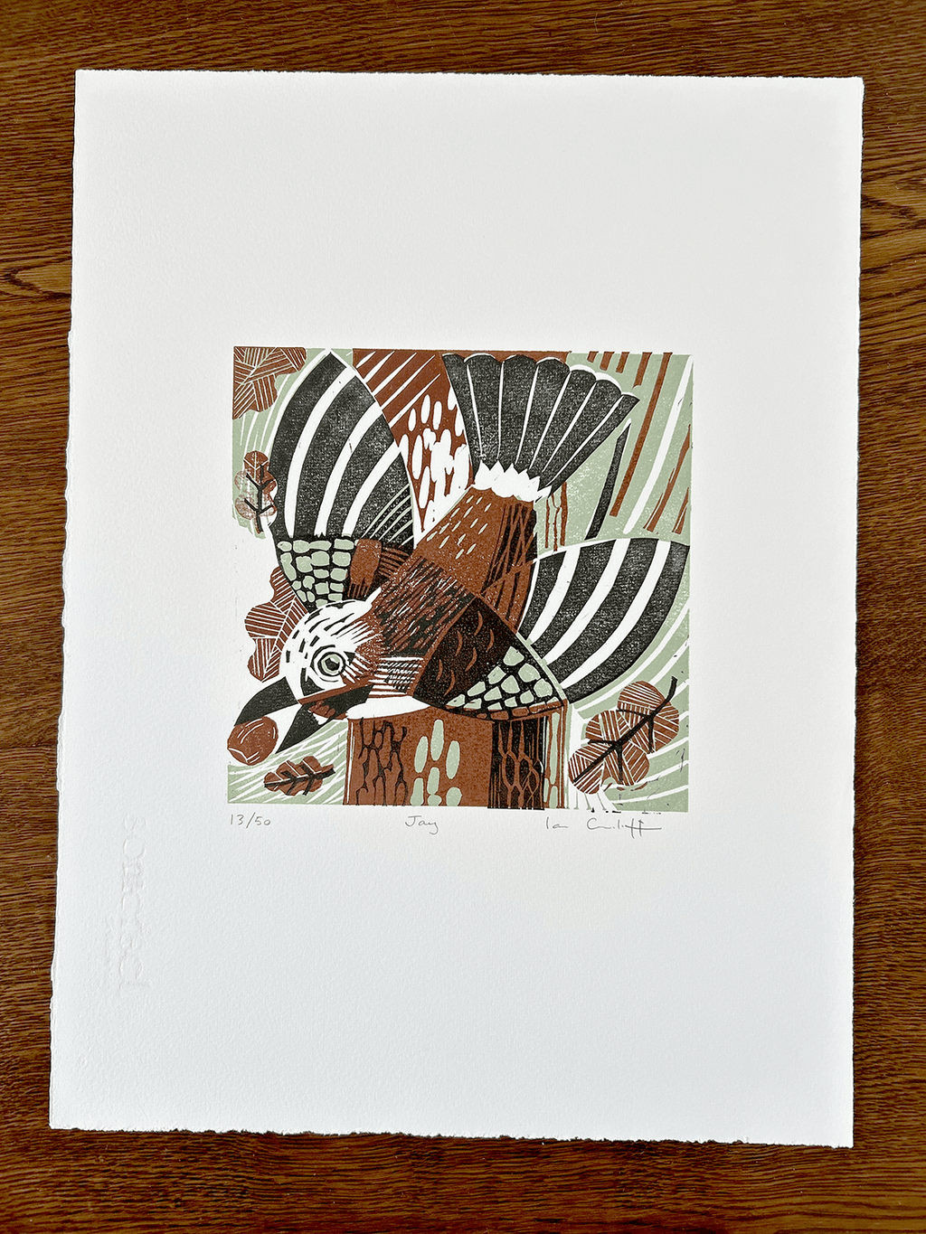 Signed jay linocut print showing detailed carving and rich colour layers