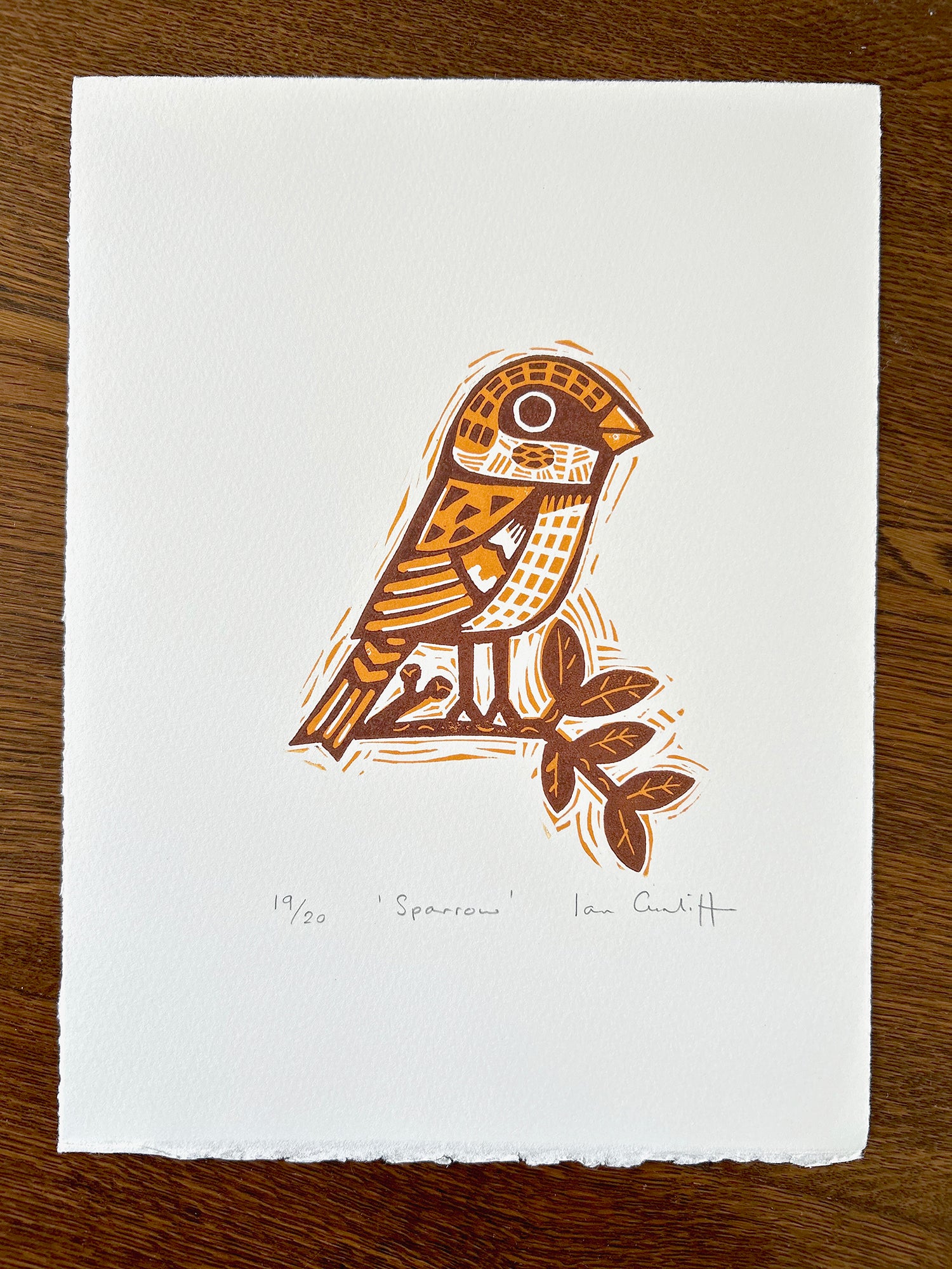 Sparrow linocut detail showing hand-carved texture and bold relief printing technique