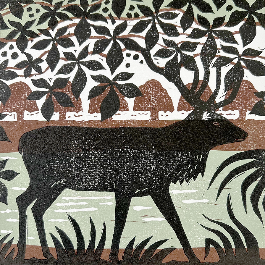 original linocut illustration of a deer in a forest setting with trees