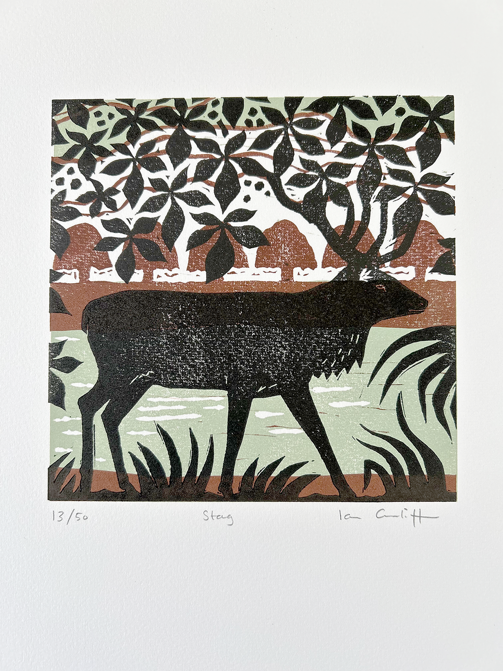 Woodcut-style illustration of a deer in a natural setting with trees and landscape.
