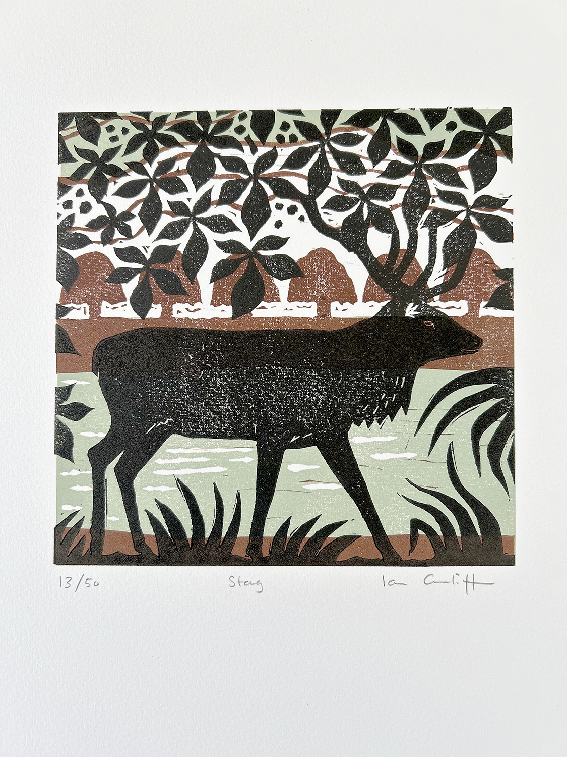 Woodcut-style illustration of a deer in a natural setting with trees and landscape.
