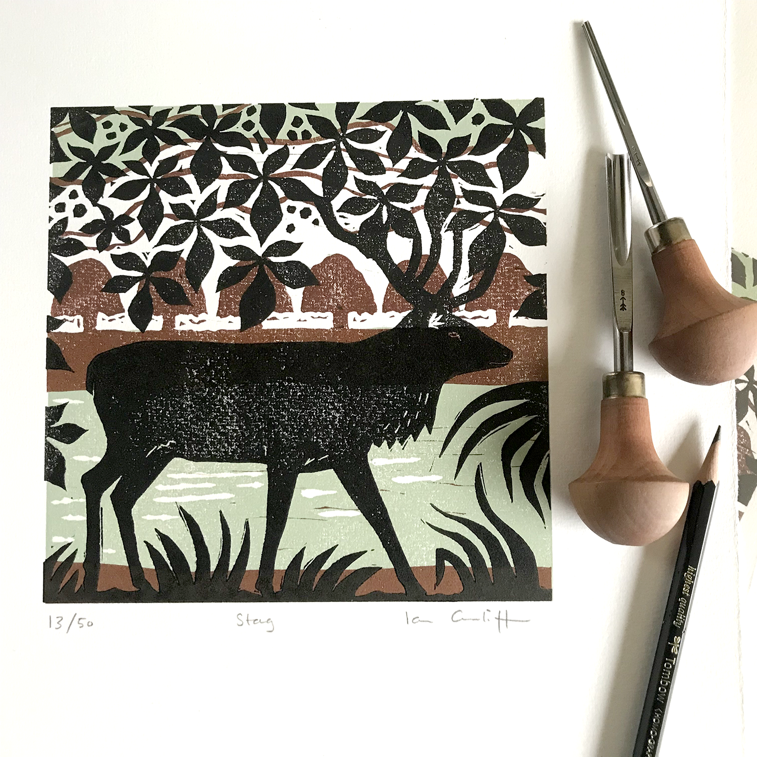 Hand-carved stag linocut print showing detailed forest scene with trees and natural woodland setting