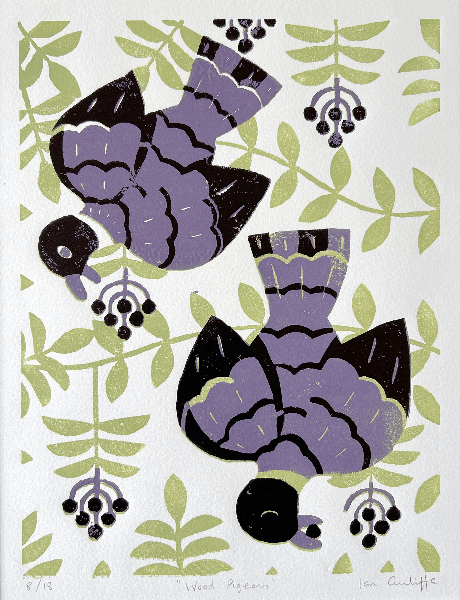 Pair of wood pigeons on branches, hand-carved linocut print with delicate feather detail and soft organic textures