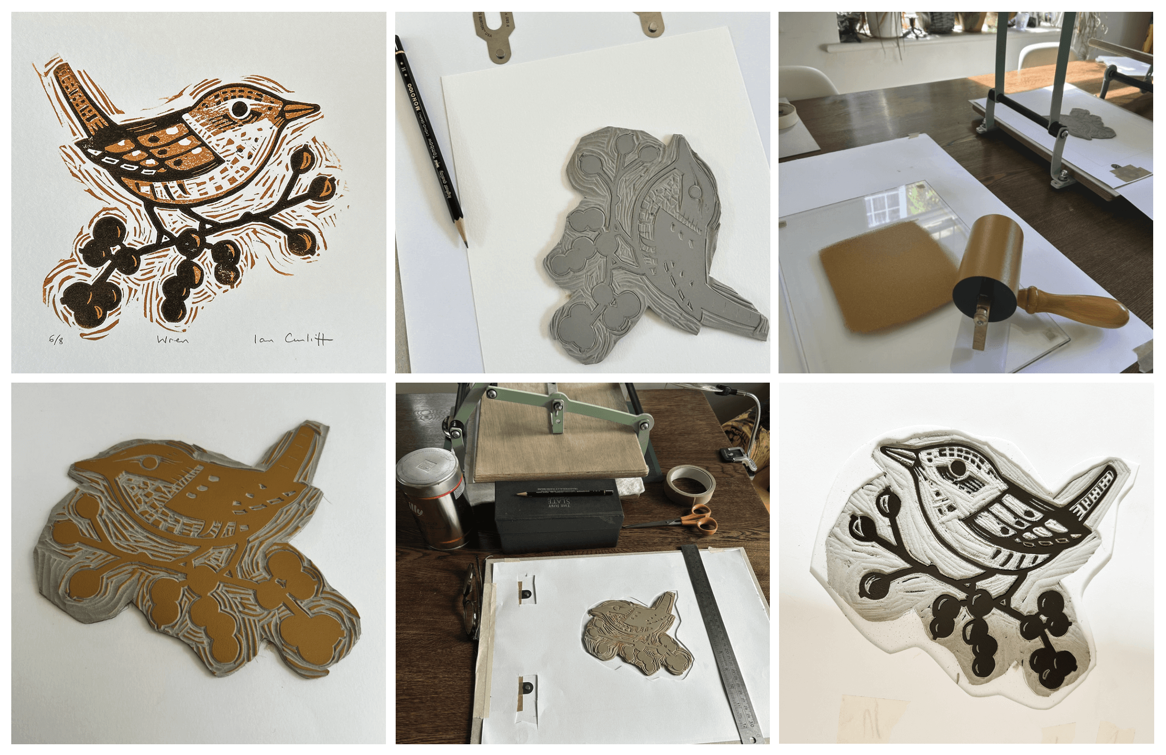 Collage of printmaking tools and lino with bird designs.