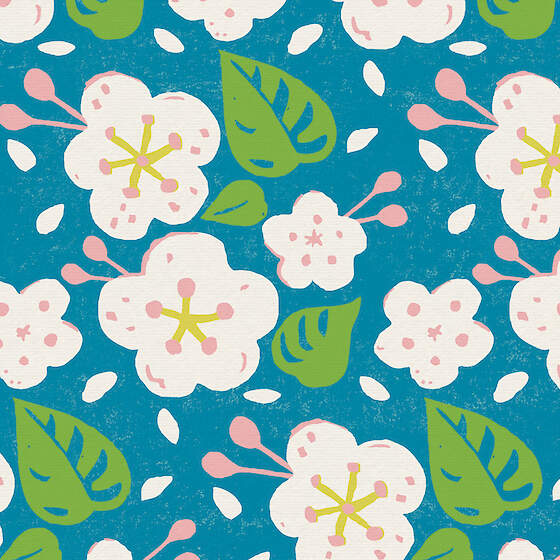 Floral pattern with white flowers, green leaves, and pink buds on a blue background.