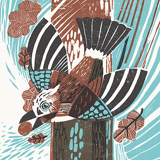 Greeting card. Colourful illustration of a jay bird with abstract patterns on a blue background