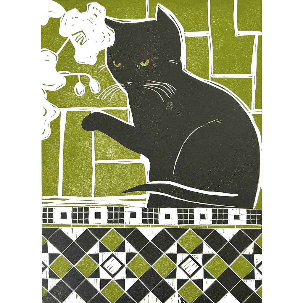 Black cat with alert expression, hand-carved linocut print with bold silhouette and expressive detail