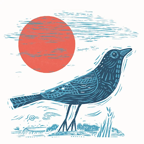 Blue bird illustration with a red sun in the background