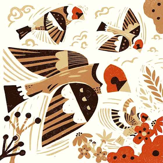 Goldfinches greetings card. Decorative illustration with abstract shapes, birds, and floral elements on a white background