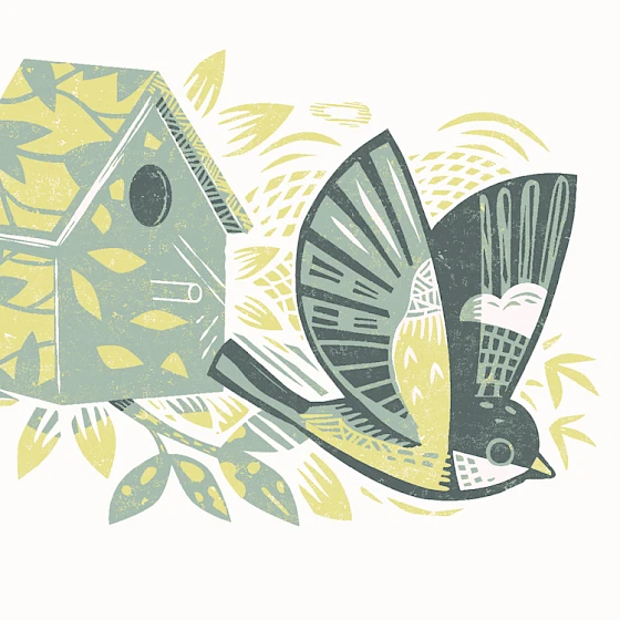 Illustration of a birdhouse and bird with leaf patterns on a white background