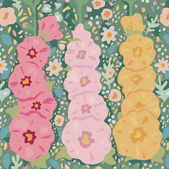 Pattern of pink, yellow, and white flowers on a green background