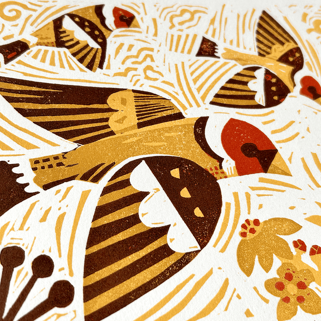 Goldfinches descending on wildflowers, hand-carved four-colour linocut print with vibrant detail