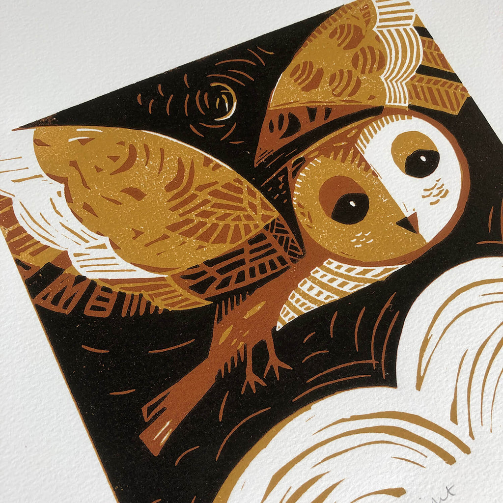 Decorative illustration of an owl with a geometric pattern on a black background