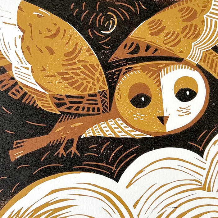 moonlight owl portrait with piercing eyes, hand-carved linocut print with intricate feather patterns and striking contrast