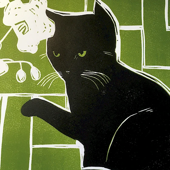 Black cat illustration on a green background with white flowers.