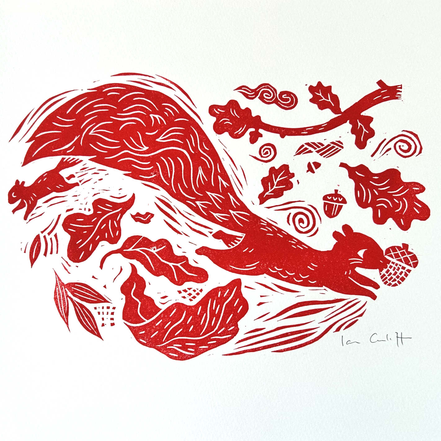 Two squirrels among autumn leaves and acorns, hand-carved linocut print with rich textures and warm earthy tones