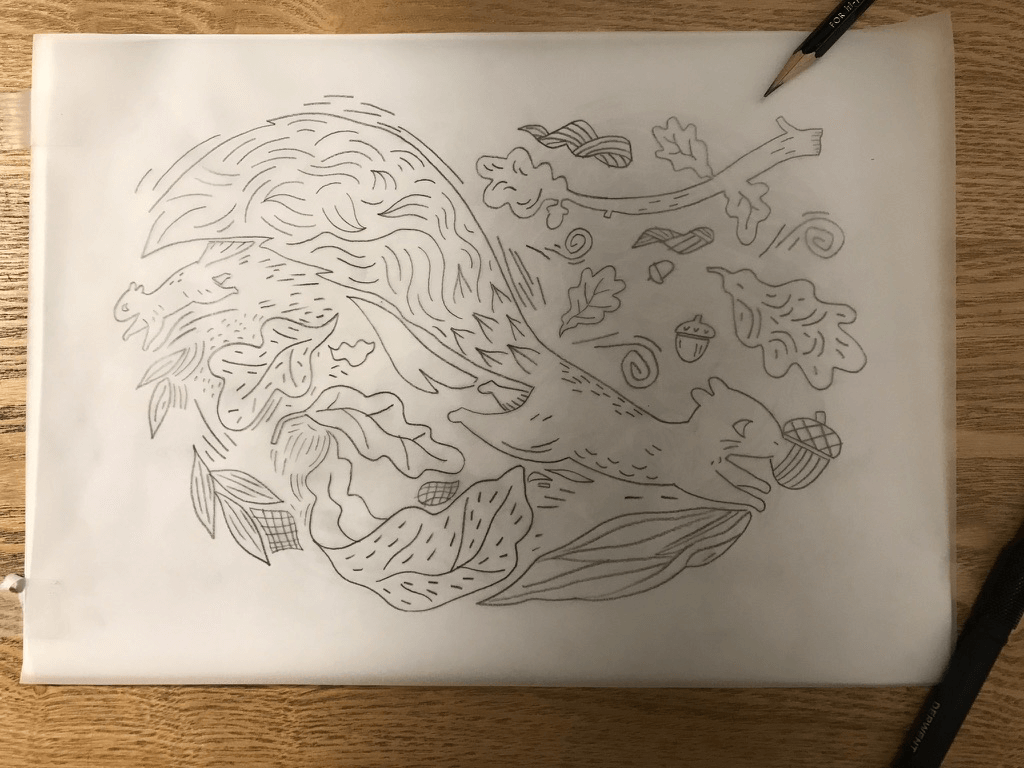 Hand-drawn illustration of a squirrels on a piece of paper with a pencil.