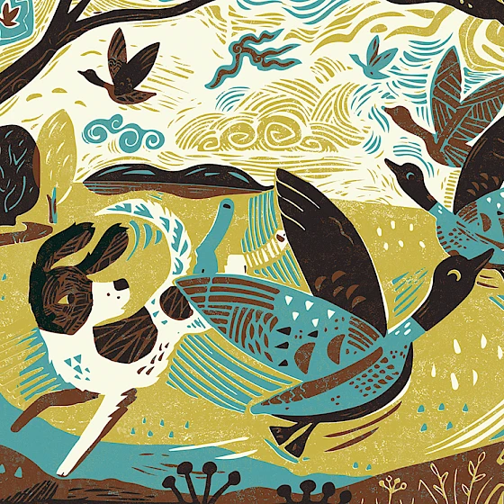 Illustration of geese and a dog in a natural setting with trees and water.