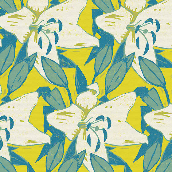 Pattern of white flowers with green leaves on a yellow background