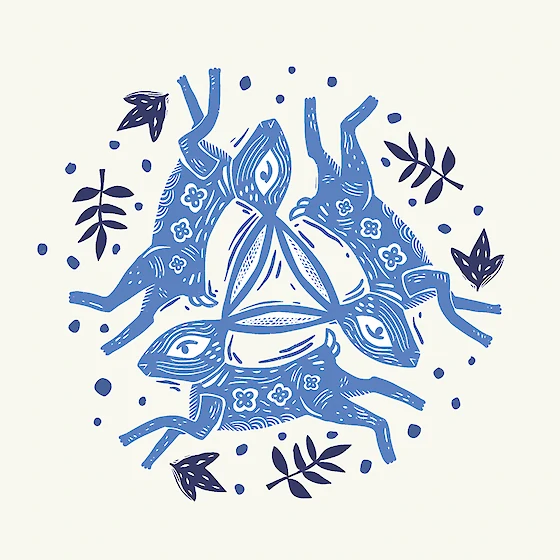 Blue hare illustration with floral patterns on a white background. greeting card