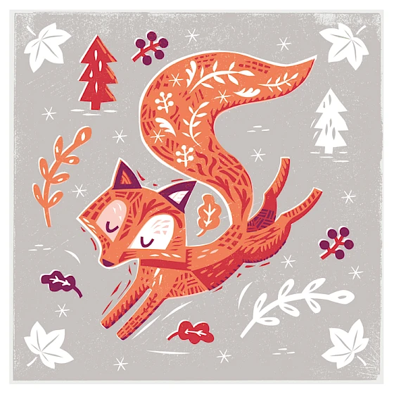 Scandi-style Illustration of a fox with floral patterns on a grey background with decorative elements.