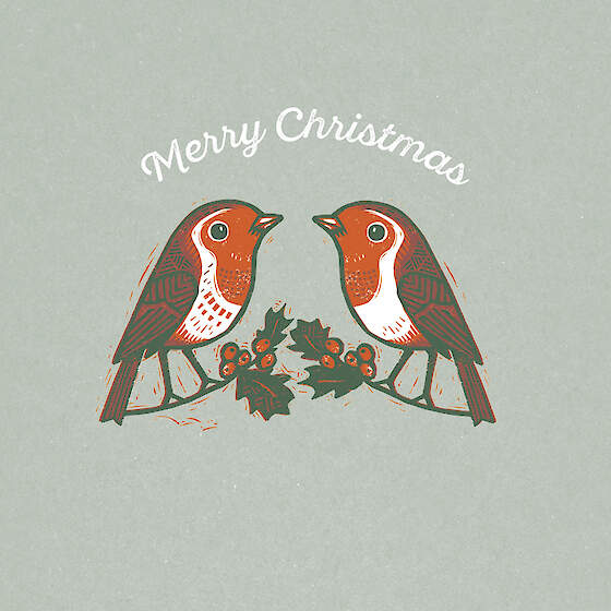 Two robins on a branch with holly leaves and berries, and 'Merry Christmas' text on a green/grey background.