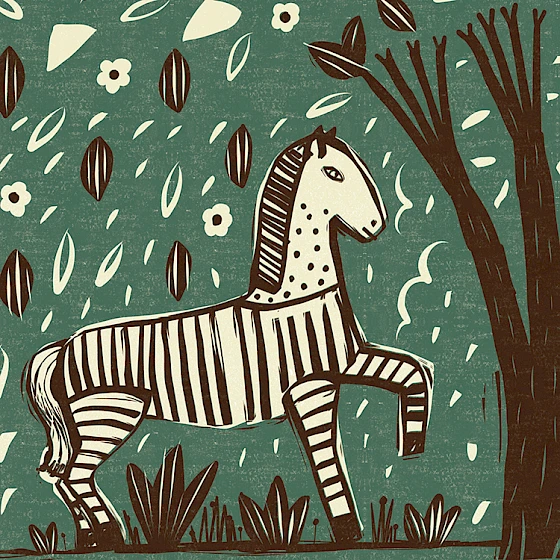 Illustration of a zebra in a natural setting with leaves and flowers on a green background