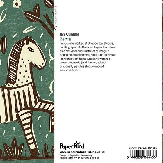 Bookend with zebra illustration and text on a green background